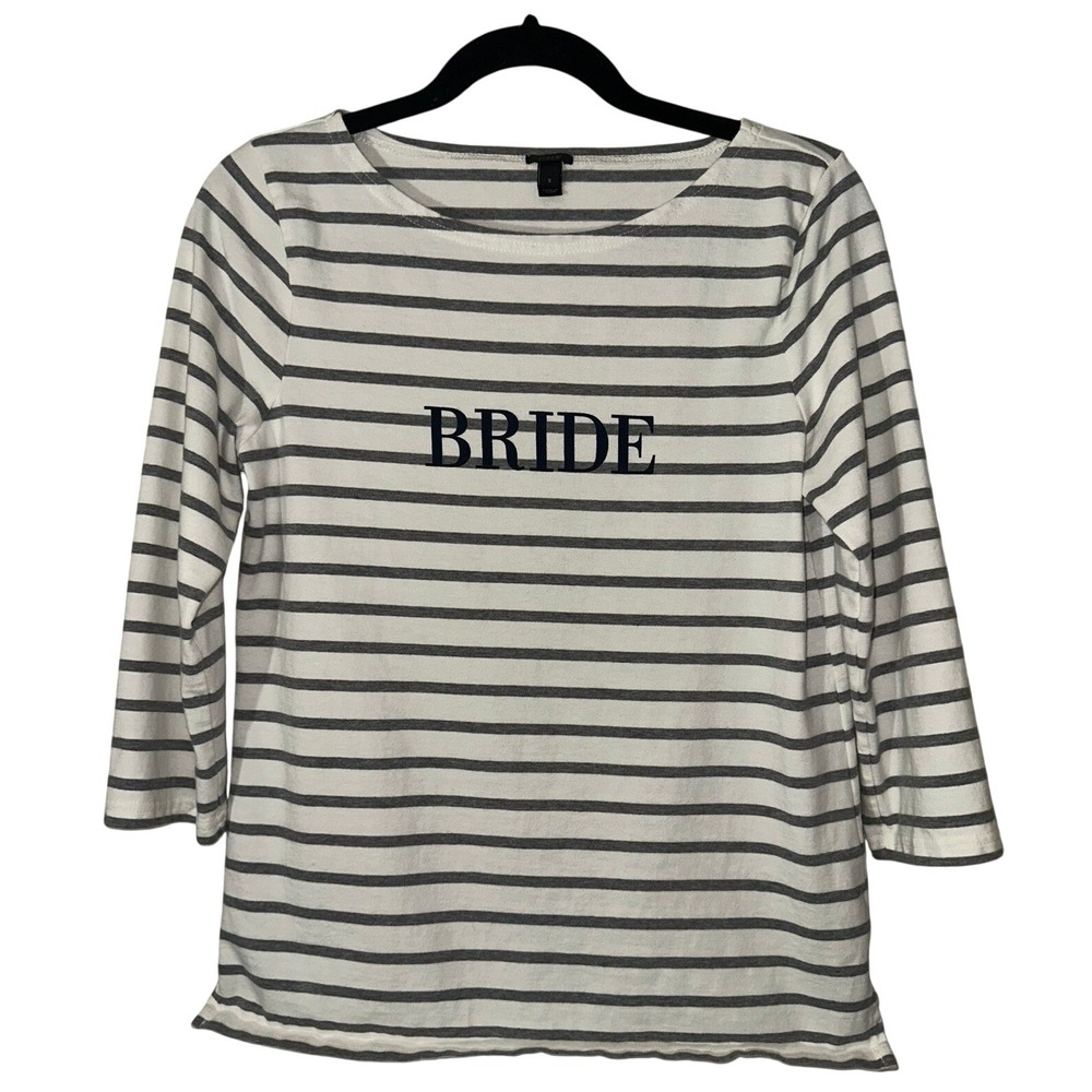 J.Crew Womens S Striped 3/4 Sleeve Boatneck Top White Gray Cotton Bride Breton